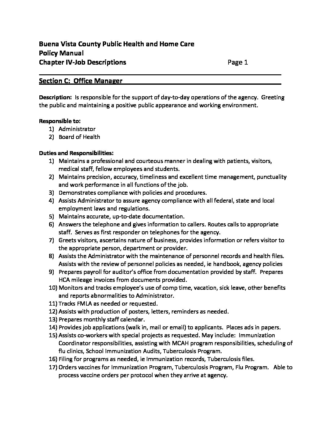 Office Manager Job Descrip 319 Buena Vista County